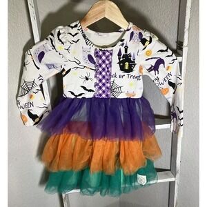 Olive Mae 4T Halloween Dress Cat Bat Pumpkin Witch Boutique Tulle Purple Orange